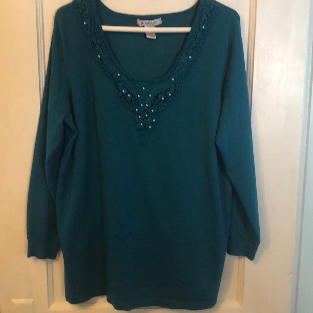 Turquoise sweater with crochet and pearl accents